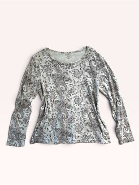 Y2K White Stag Women's Long-Sleeve Paisley Scoop Neck Top - White & Brown, Grey